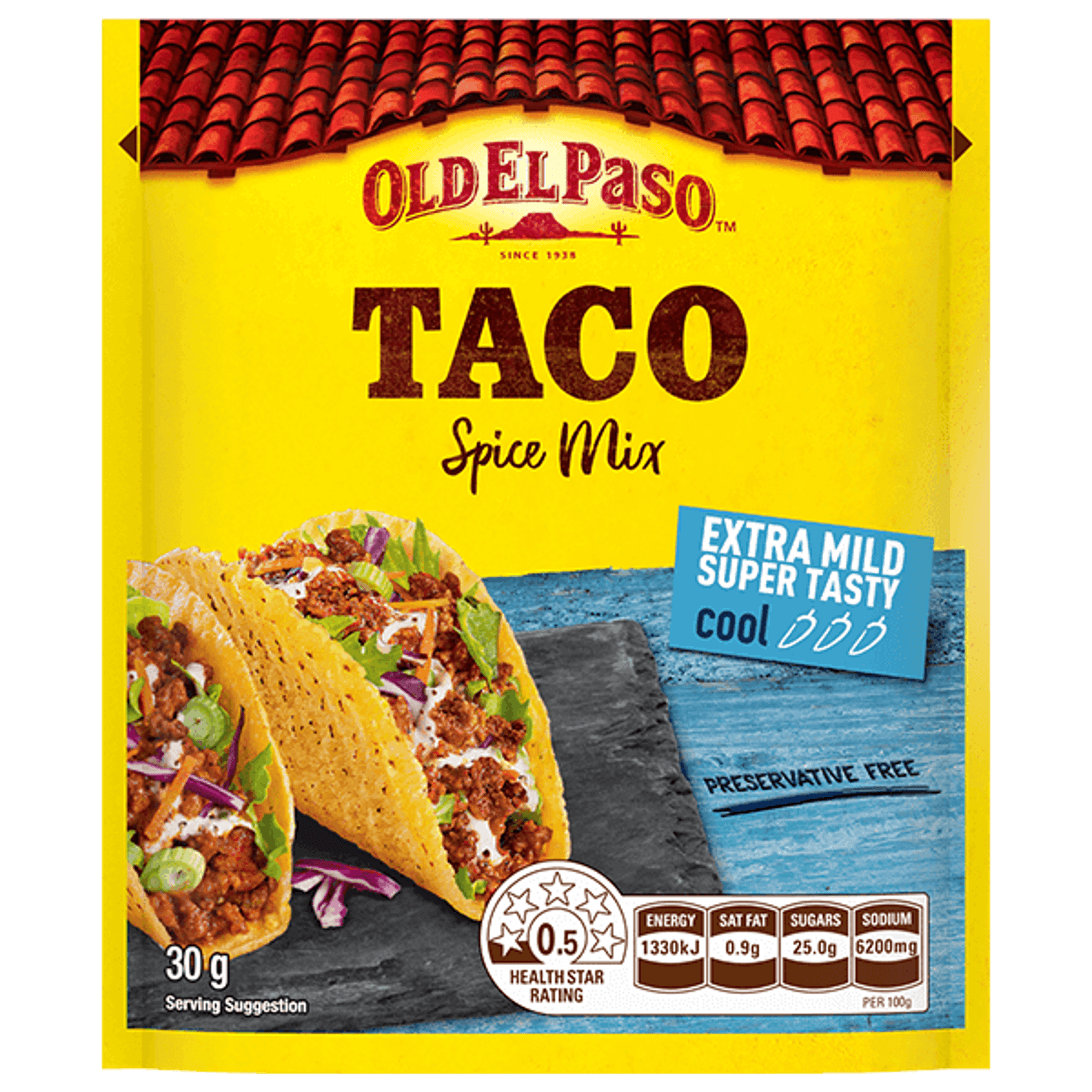 a pack of Old El Paso's extra mild super tasty cool taco spice mix (30g)